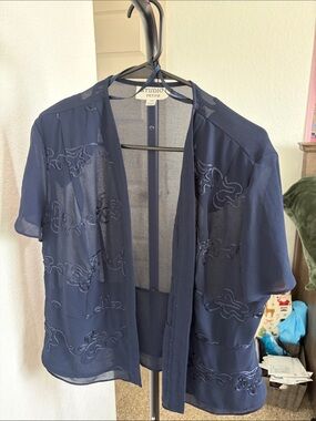 Studio I Navy Sheer Embroidered Short Sleeve Open Cardigan